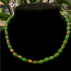 Vibrant Green Painted Glass Bead Necklace with Gold and Red Accents